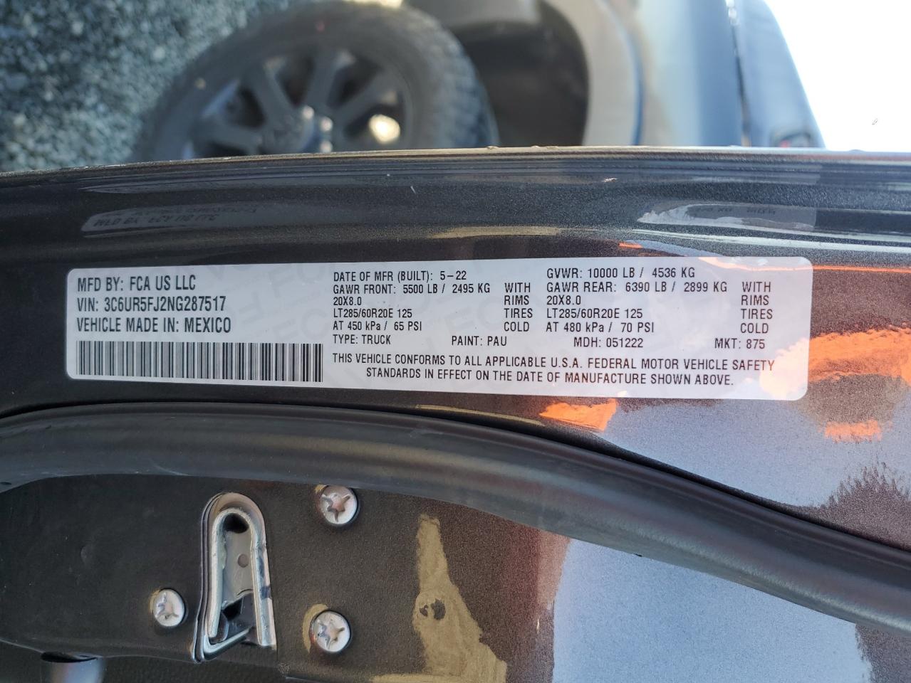 2022 RAM 2500 LARAMIE VIN:3C6UR5FJ2NG287517