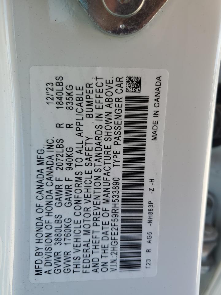 2024 HONDA CIVIC SPORT VIN:2HGFE2F59RH533890