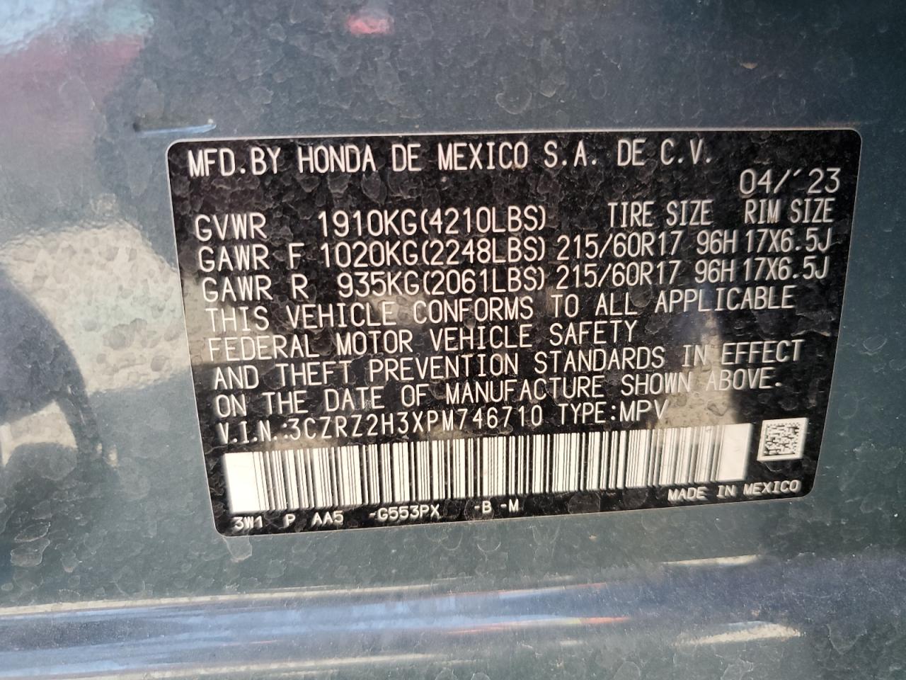 2023 HONDA HR-V LX VIN:3CZRZ2H3XPM746710