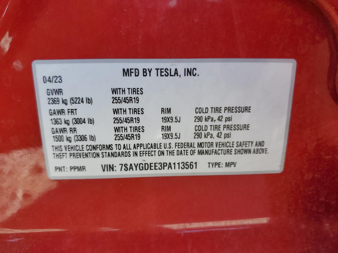 2023 TESLA MODEL Y  VIN:7SAYGDEE3PA113561