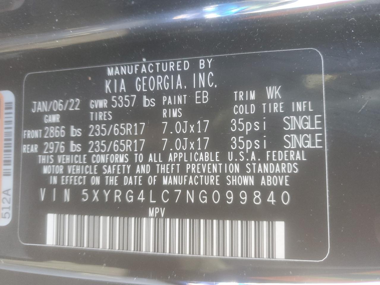 2022 KIA SORENTO LX VIN:5XYRG4LC7NG099840