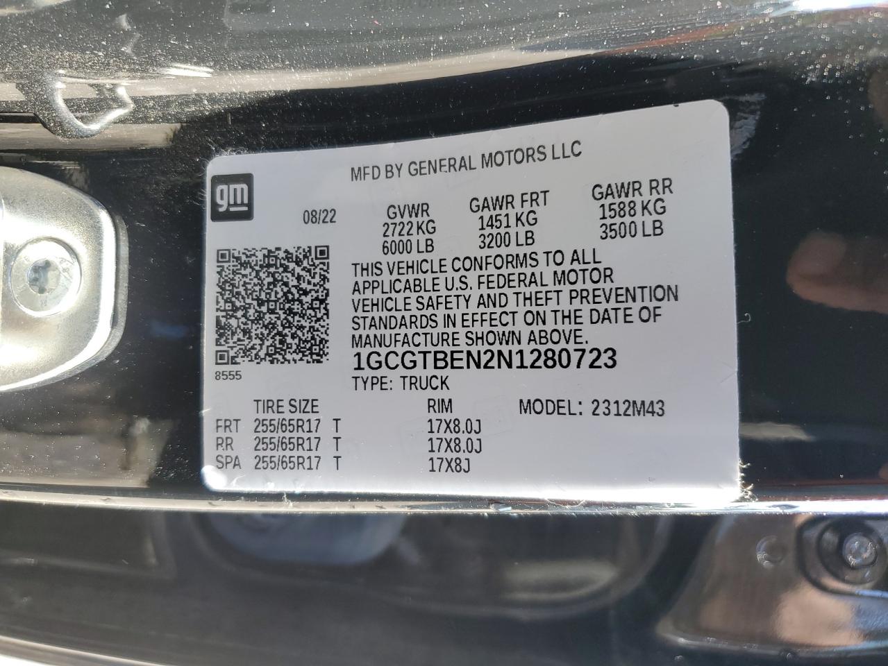 2022 CHEVROLET COLORADO  VIN:1GCGTBEN2N1280723