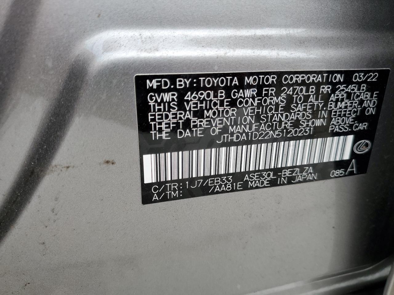 2022 LEXUS IS 300 VIN:JTHDA1D22N5120231