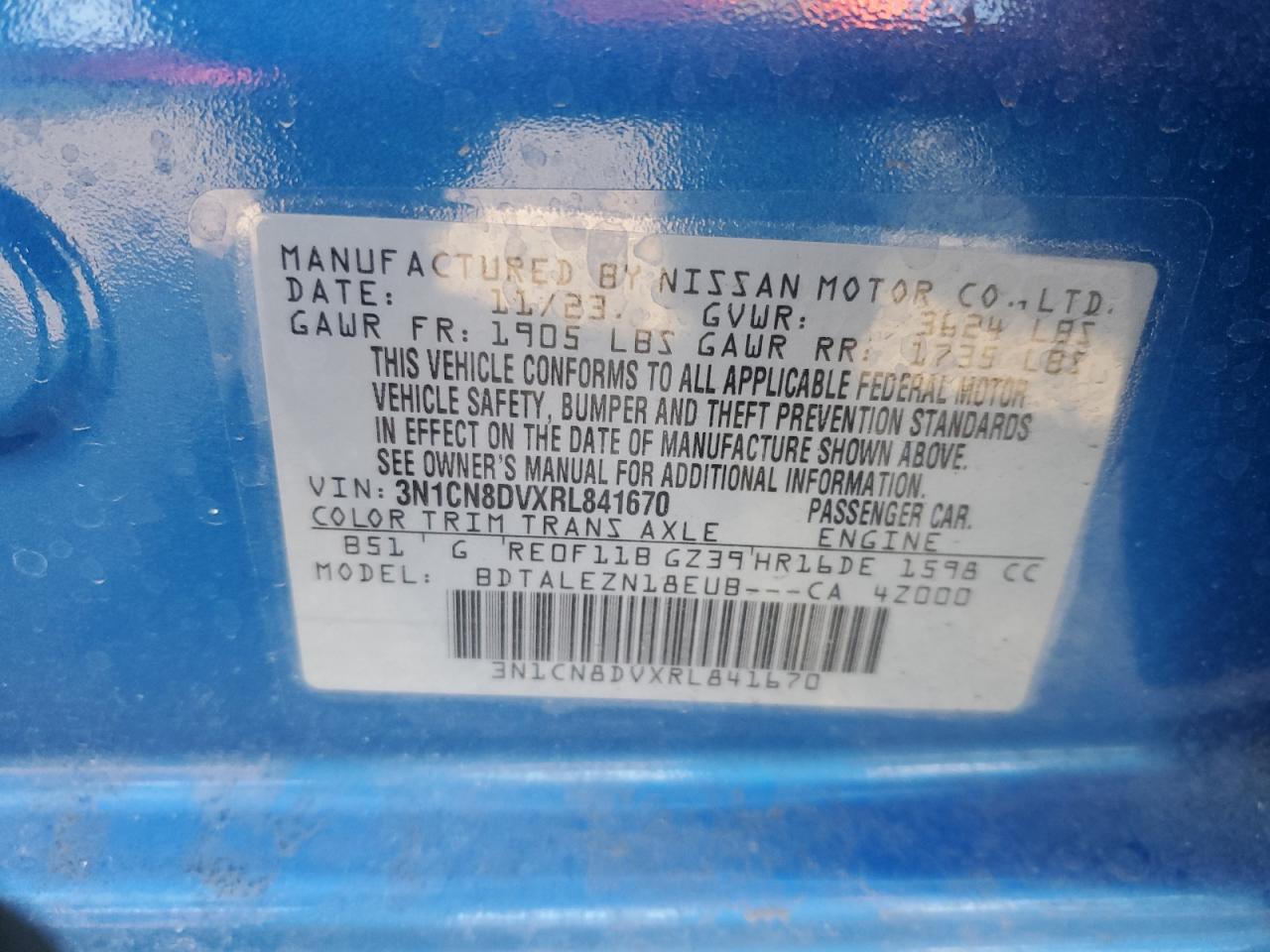 2024 NISSAN VERSA S VIN:3N1CN8DVXRL841670