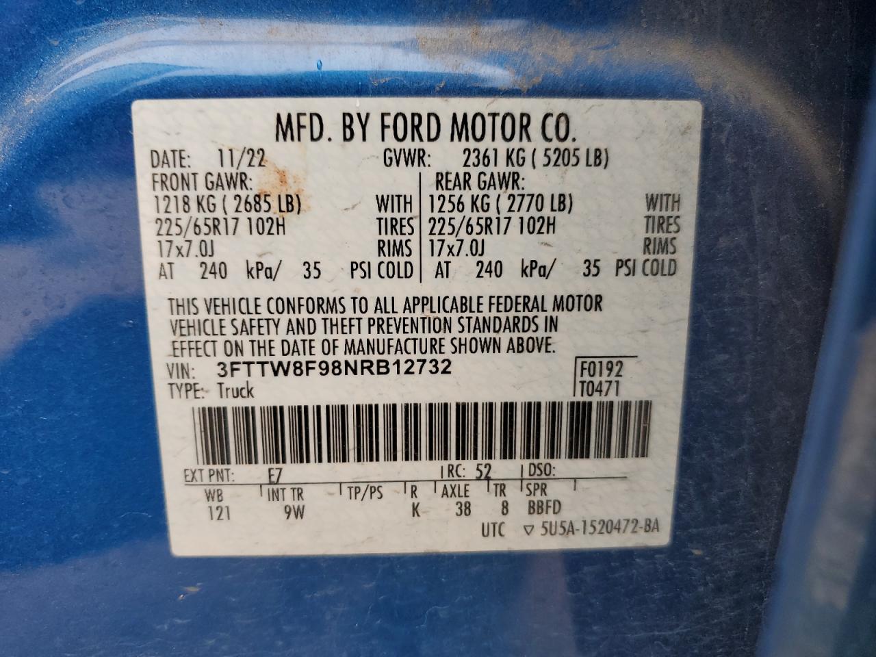 2022 FORD MAVERICK XL VIN:3FTTW8F98NRB12732