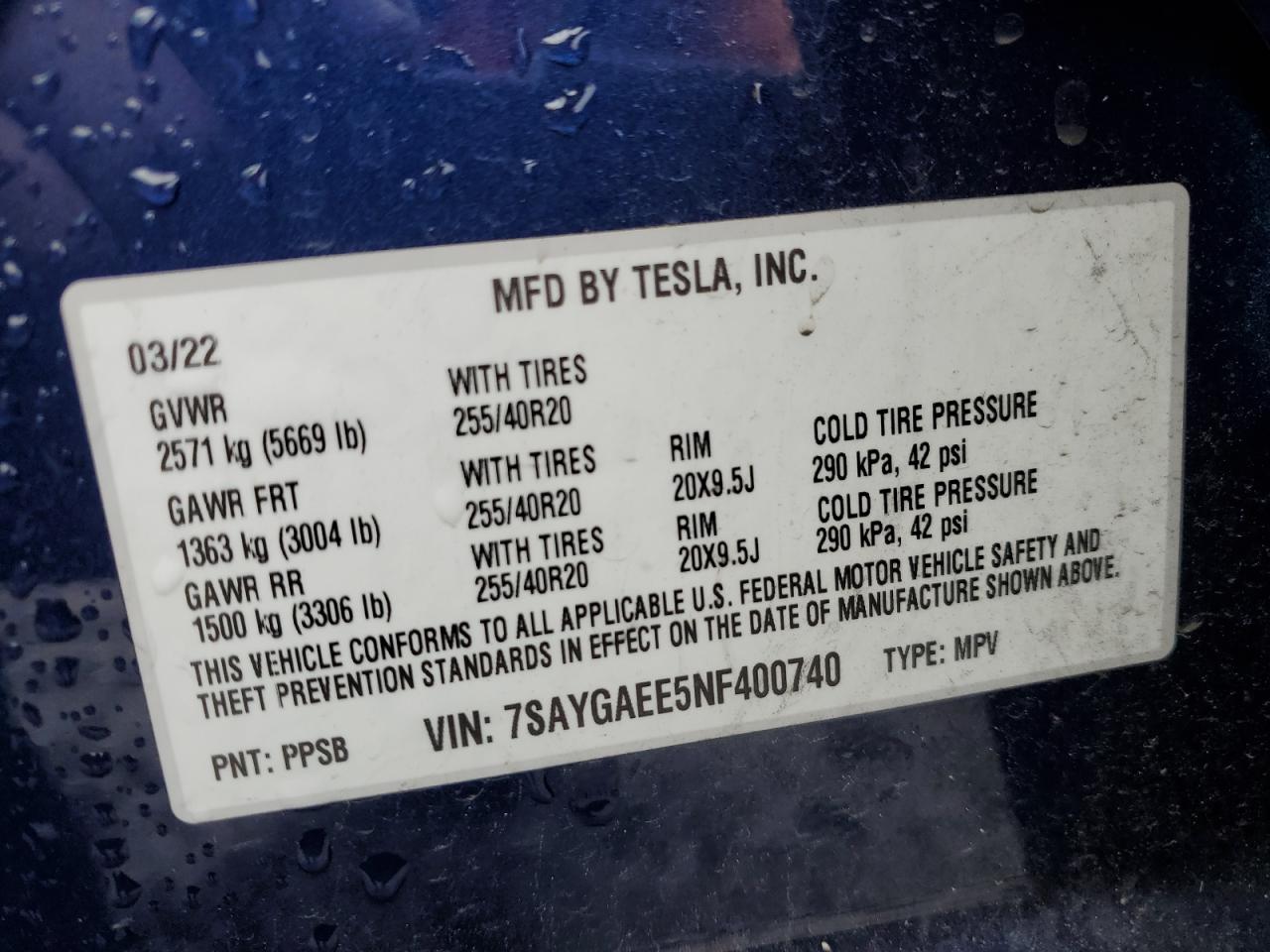 2022 TESLA MODEL Y  VIN:7SAYGAEE5NF400740