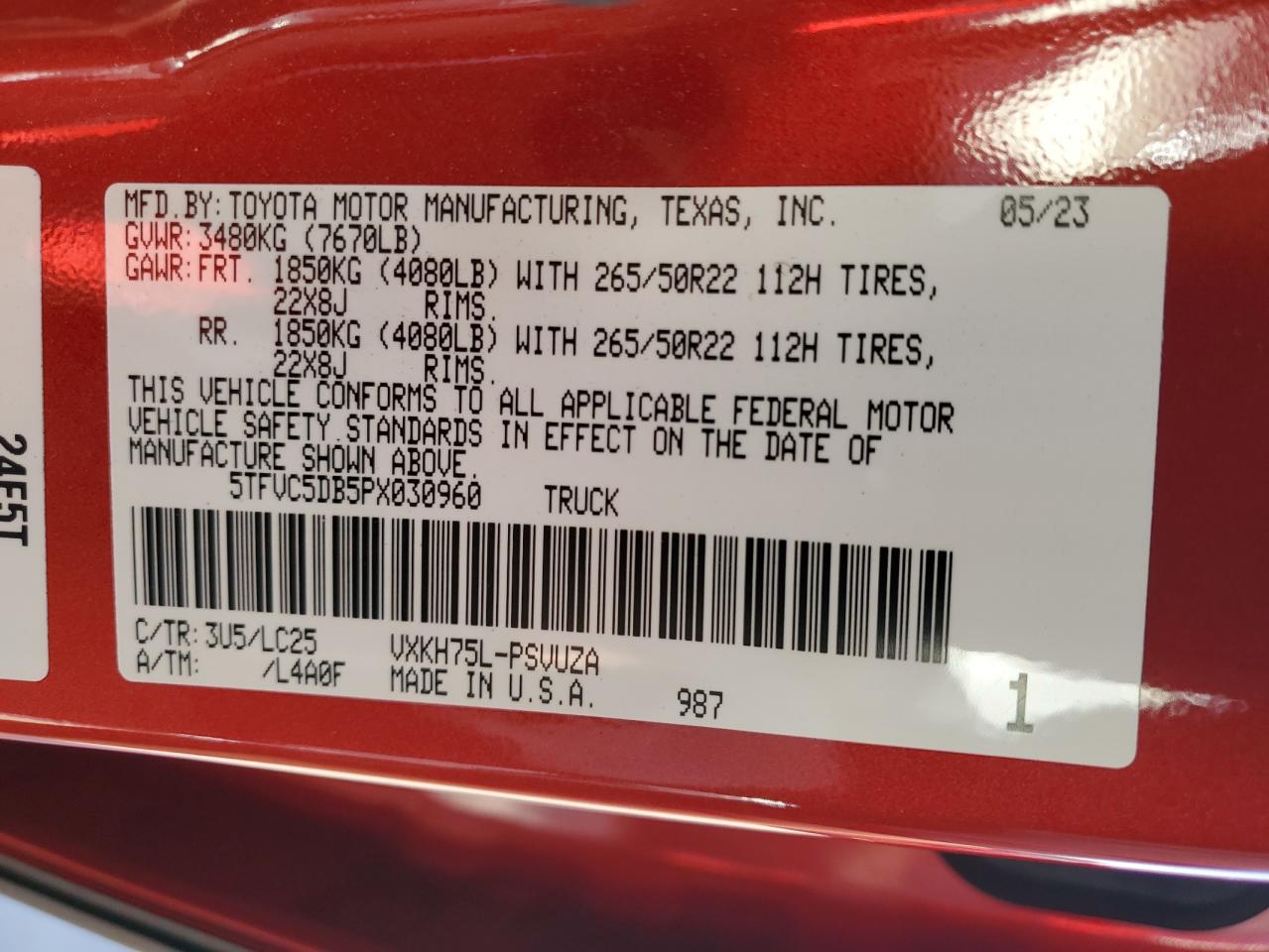 2023 TOYOTA TUNDRA CREWMAX CAPSTONE VIN:5TFVC5DB5PX030960