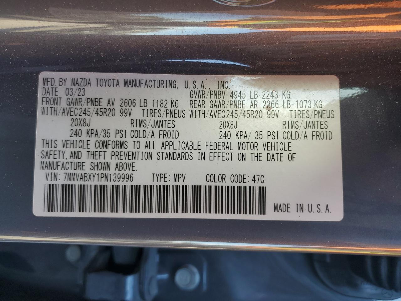 2023 MAZDA CX-50 BASE VIN:7MMVABXY1PN139996