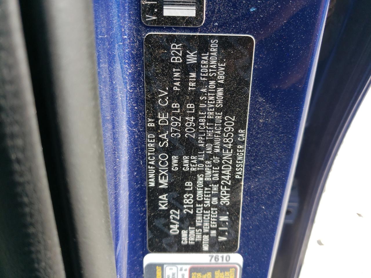 2022 KIA FORTE FE VIN:3KPF24AD2NE485902