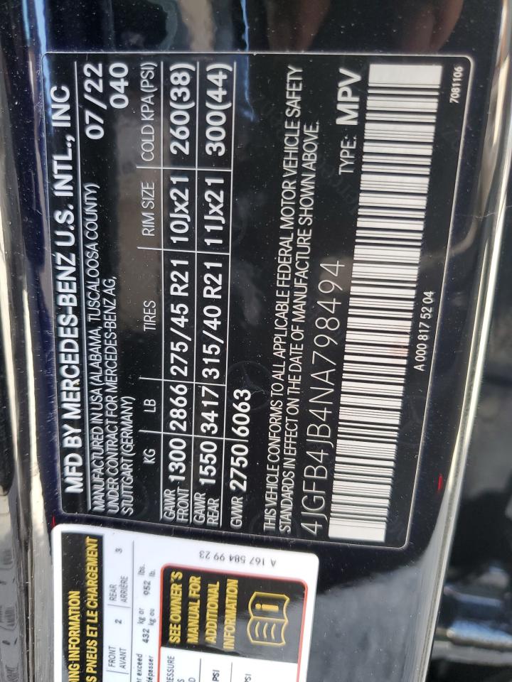 2022 MERCEDES-BENZ GLE 350 VIN:4JGFB4JB4NA798494