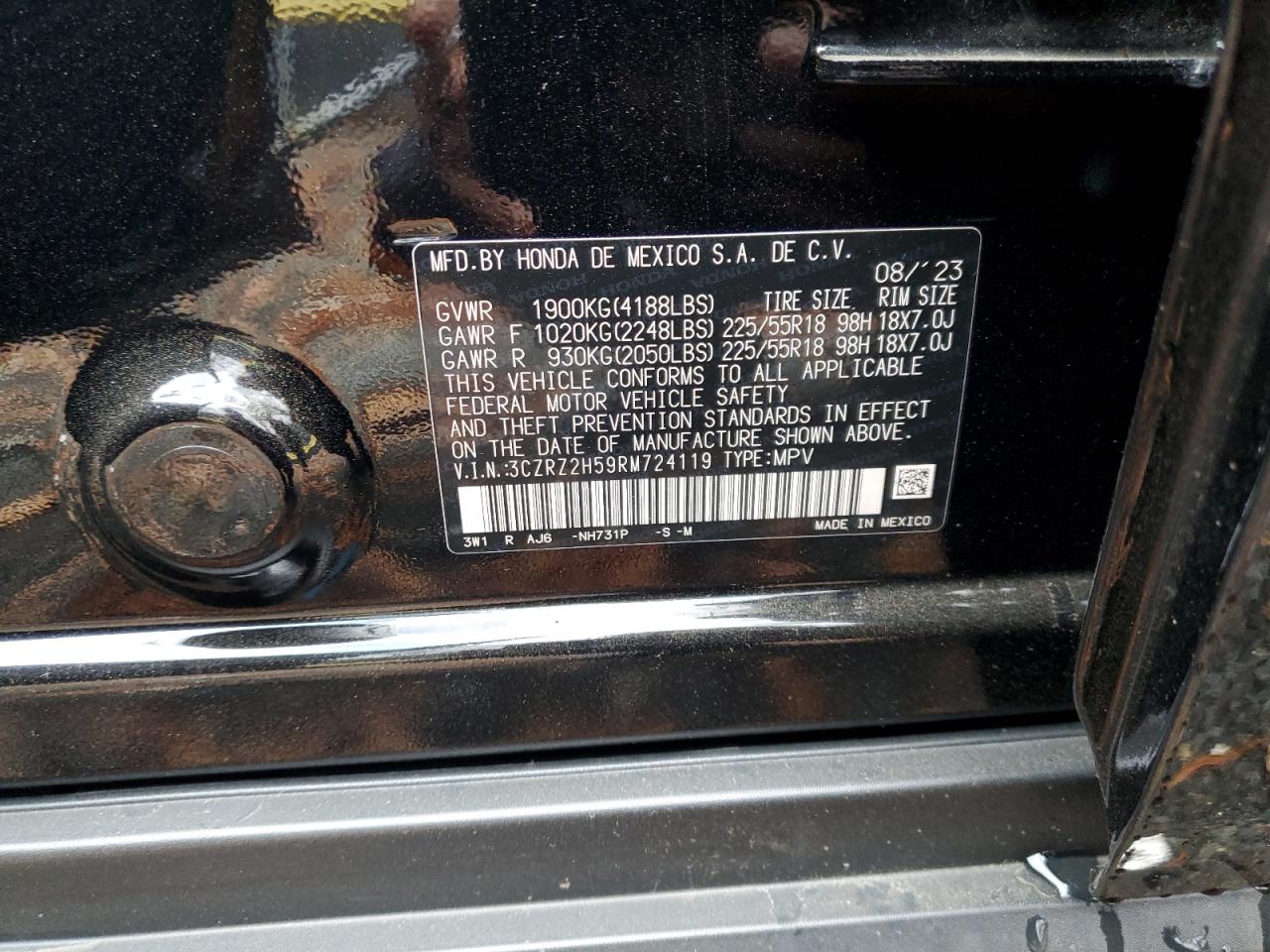 2024 HONDA HR-V SPORT VIN:3CZRZ2H59RM724119