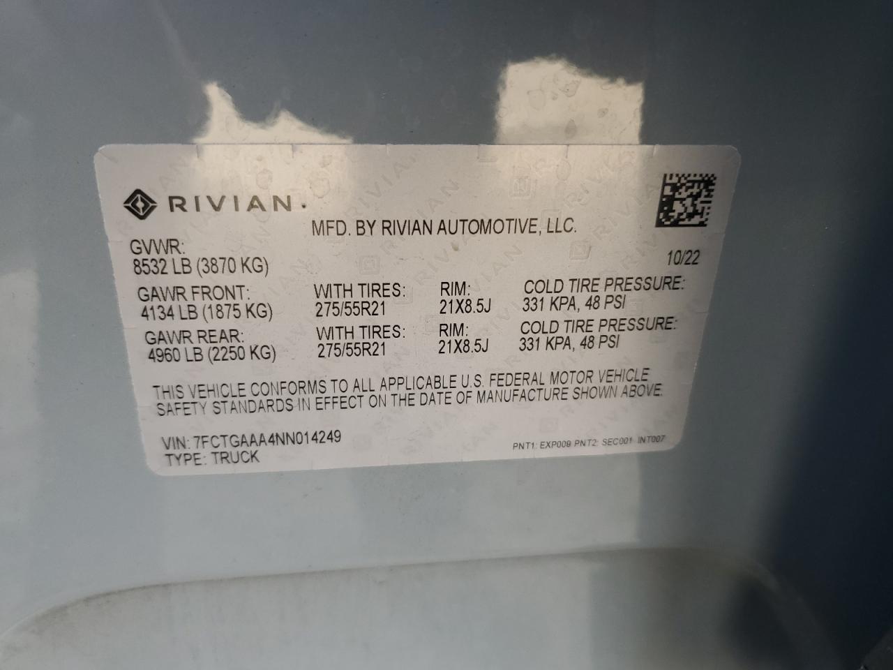 2022 RIVIAN R1T ADVENTURE VIN:7FCTGAAA4NN014249