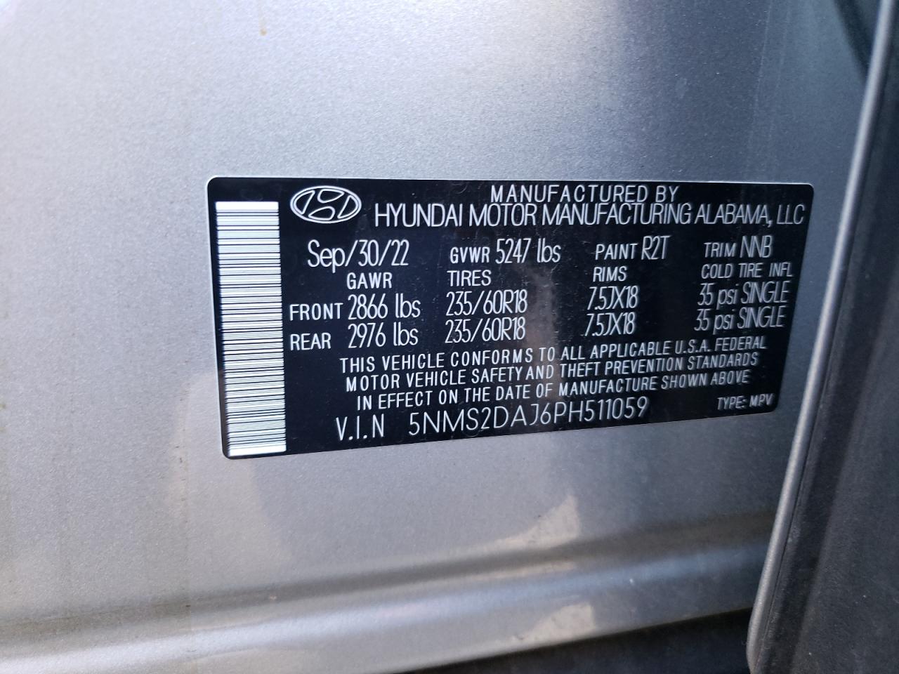 2023 HYUNDAI SANTA FE SEL VIN:5NMS2DAJ6PH511059
