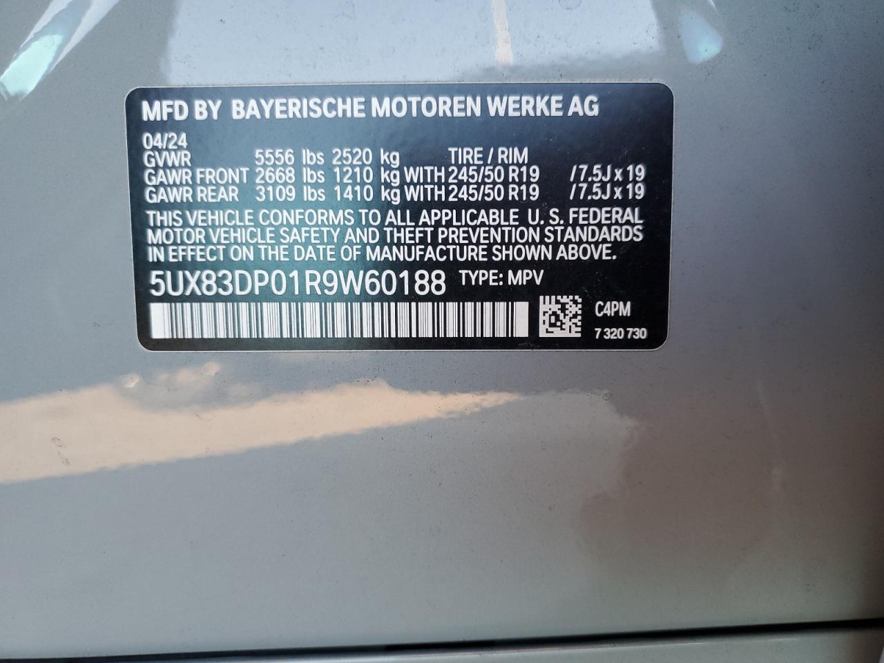 2024 BMW X3 M40I VIN:5UX83DP01R9W60188