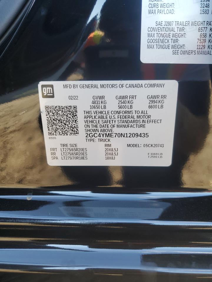 2022 CHEVROLET SILVERADO K2500 CUSTOM VIN:2GC4YME70N1209435