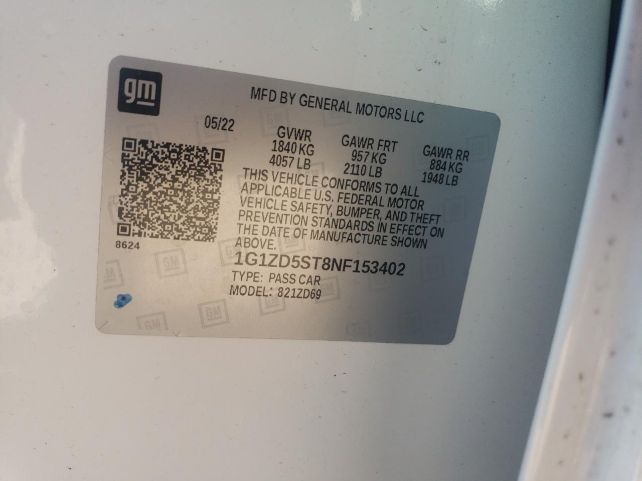 2022 CHEVROLET MALIBU LT VIN:1G1ZD5ST8NF153402