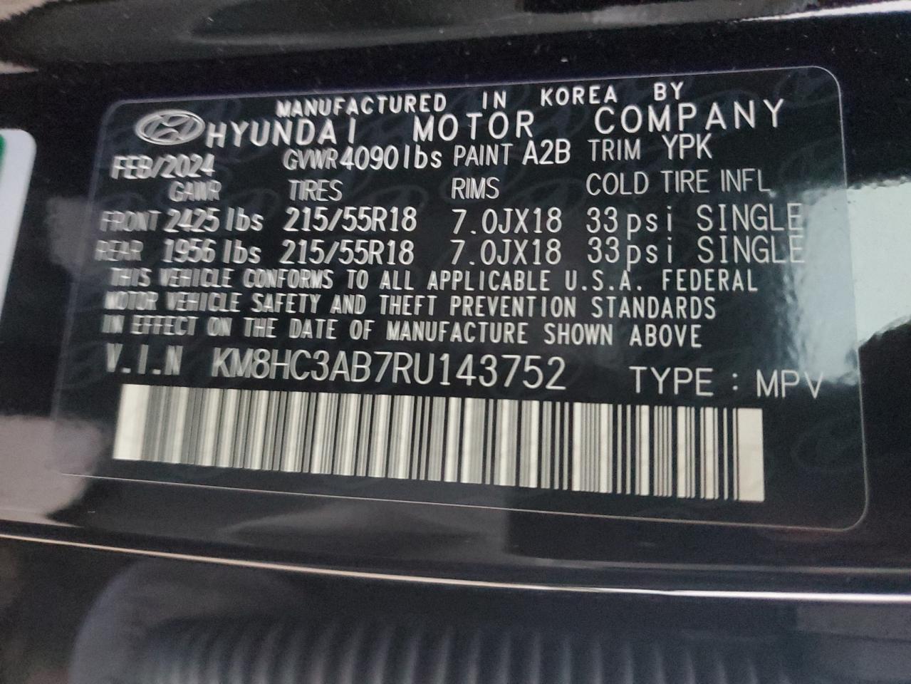 2024 HYUNDAI KONA SEL VIN:KM8HC3AB7RU143752