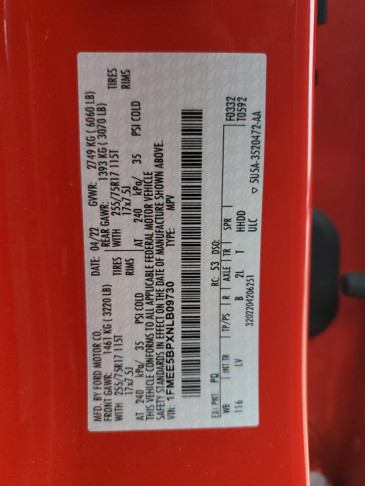 2022 FORD BRONCO BASE VIN:1FMEE5BPXNLB09730