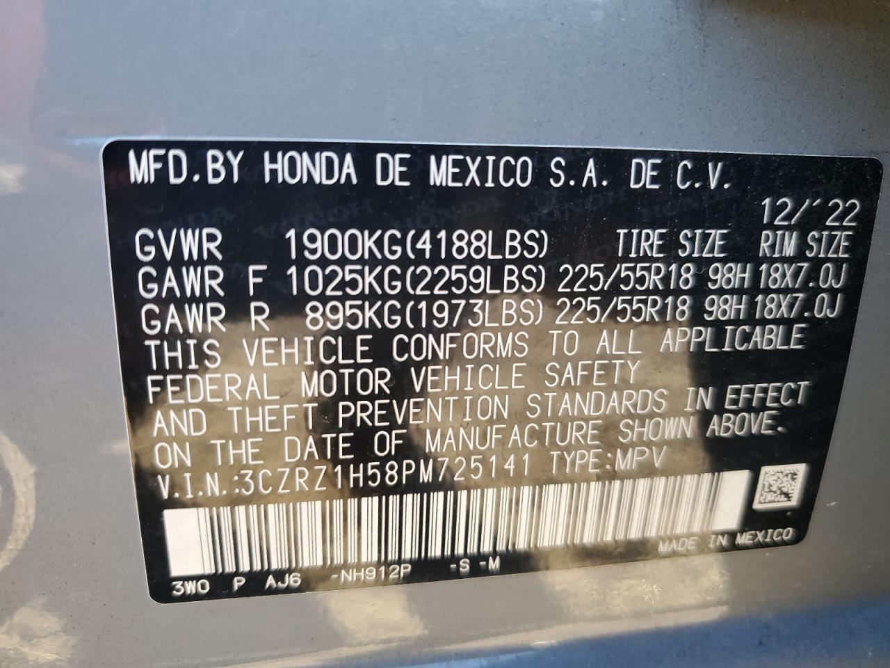 2023 HONDA HR-V SPORT VIN:3CZRZ1H58PM725141