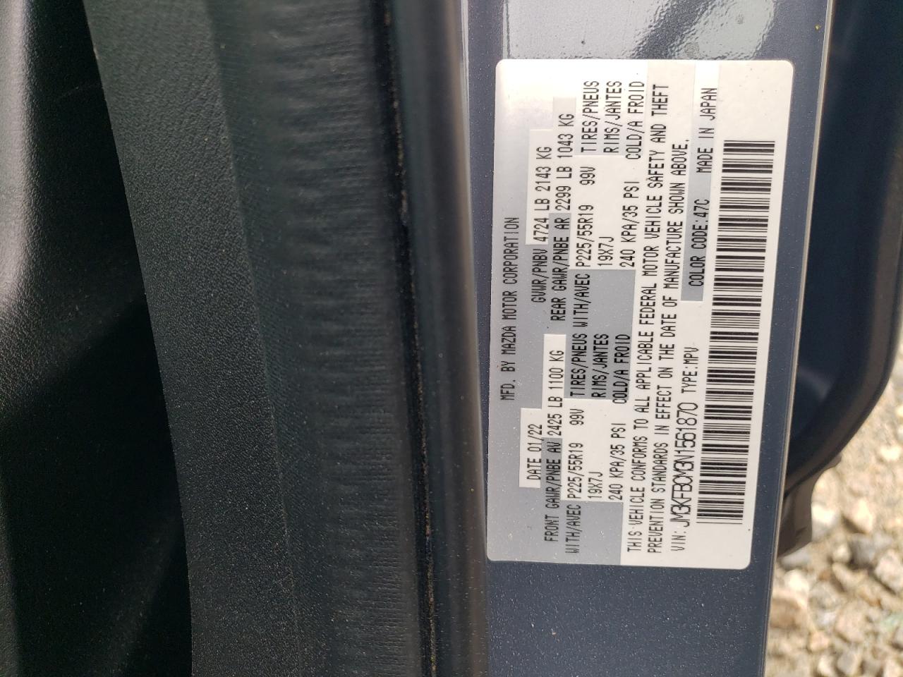 2022 MAZDA CX-5 PREFERRED VIN:JM3KFBCM3N1561870
