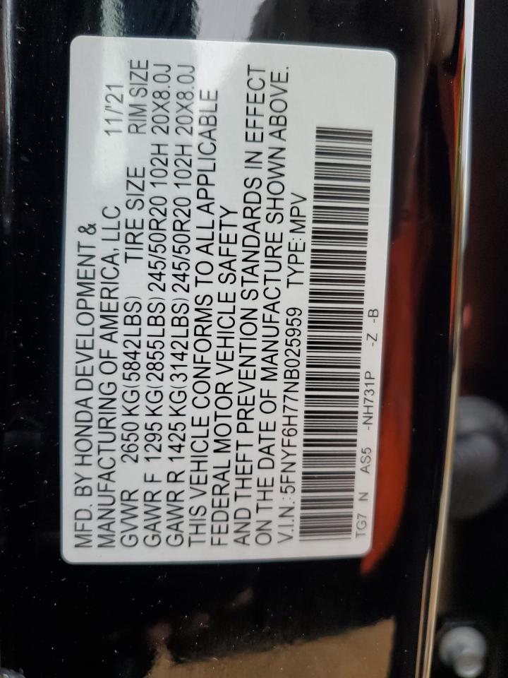 2022 HONDA PILOT BLACK VIN:5FNYF6H77NB025959