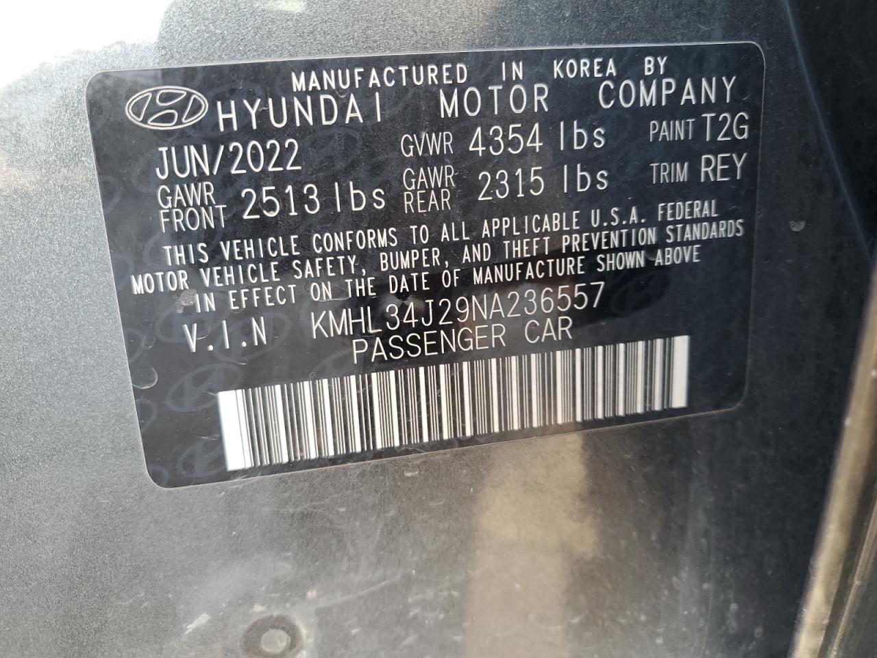 2022 HYUNDAI SONATA LIMITED VIN:KMHL34J29NA236557