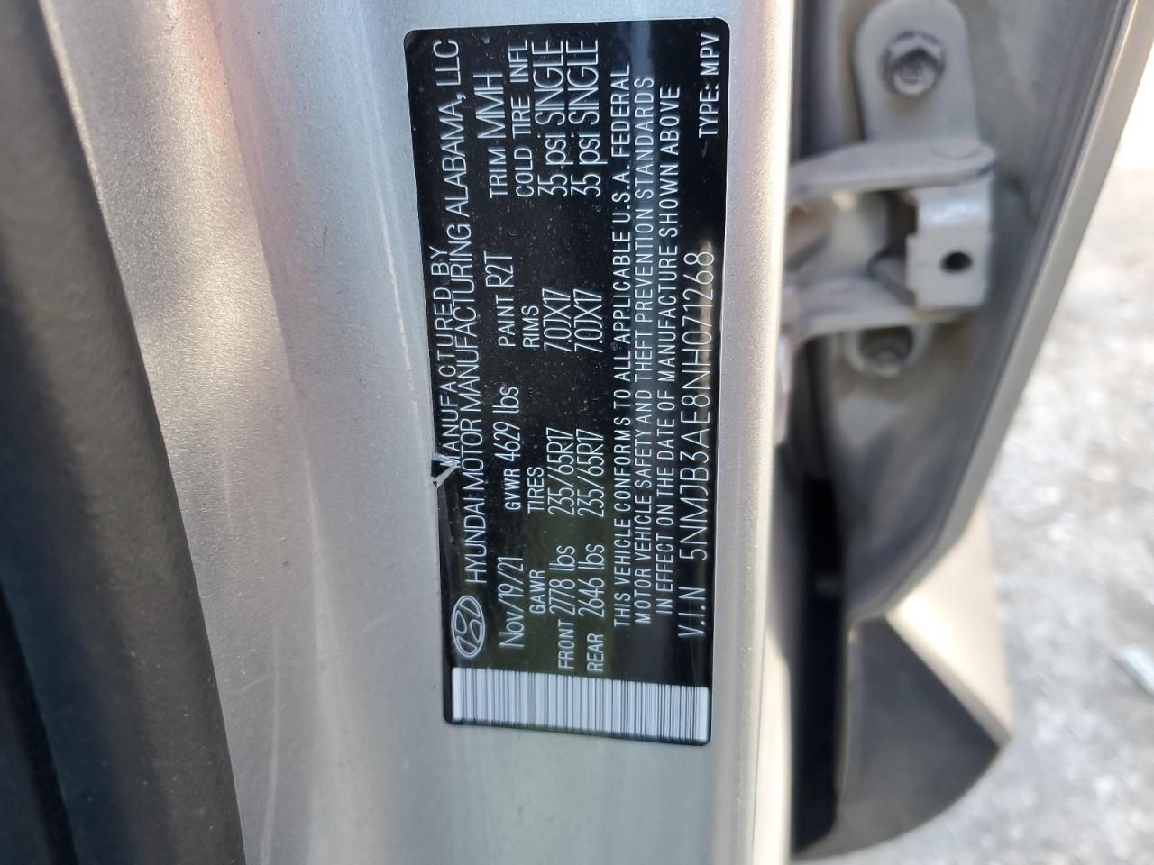 2022 HYUNDAI TUCSON SEL VIN:5NMJB3AE8NH071268