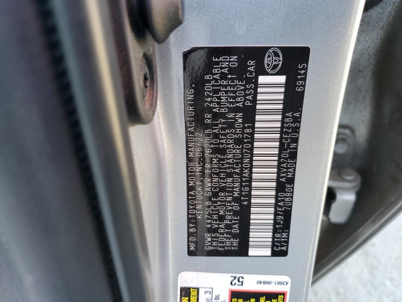 2022 TOYOTA CAMRY SE VIN:4T1G11AK0NU701781