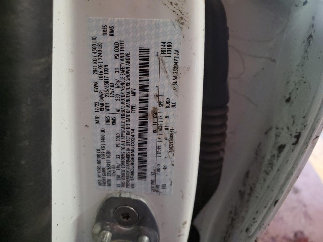 2022 FORD ESCAPE SE VIN:1FMCU9G60NUC02414