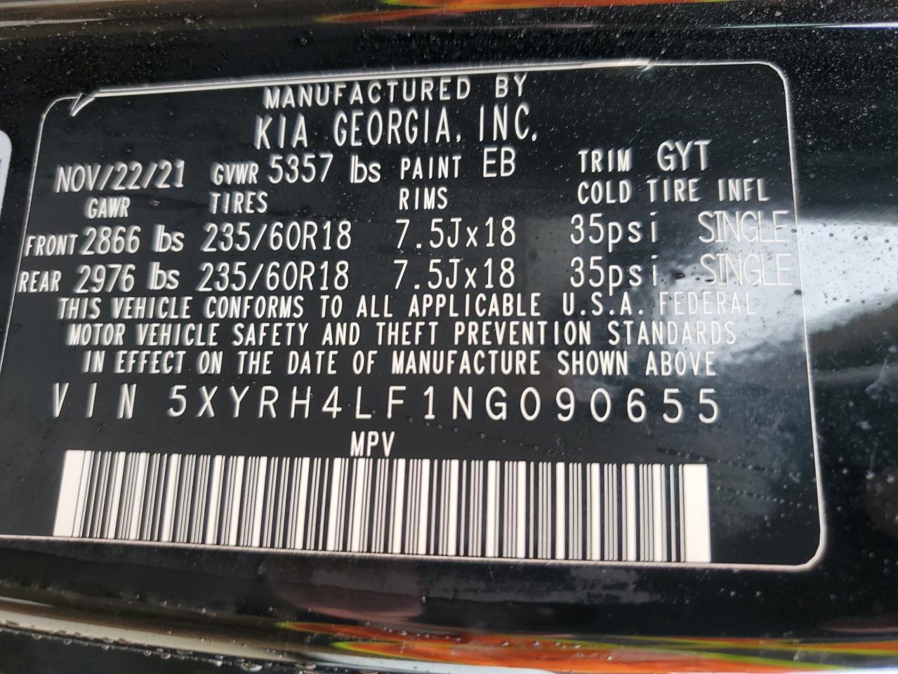 2022 KIA SORENTO EX VIN:5XYRH4LF1NG090655