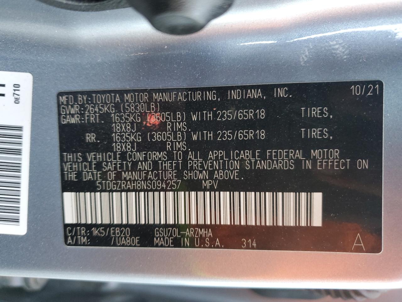 2022 TOYOTA HIGHLANDER XLE VIN:5TDGZRAH8NS094257
