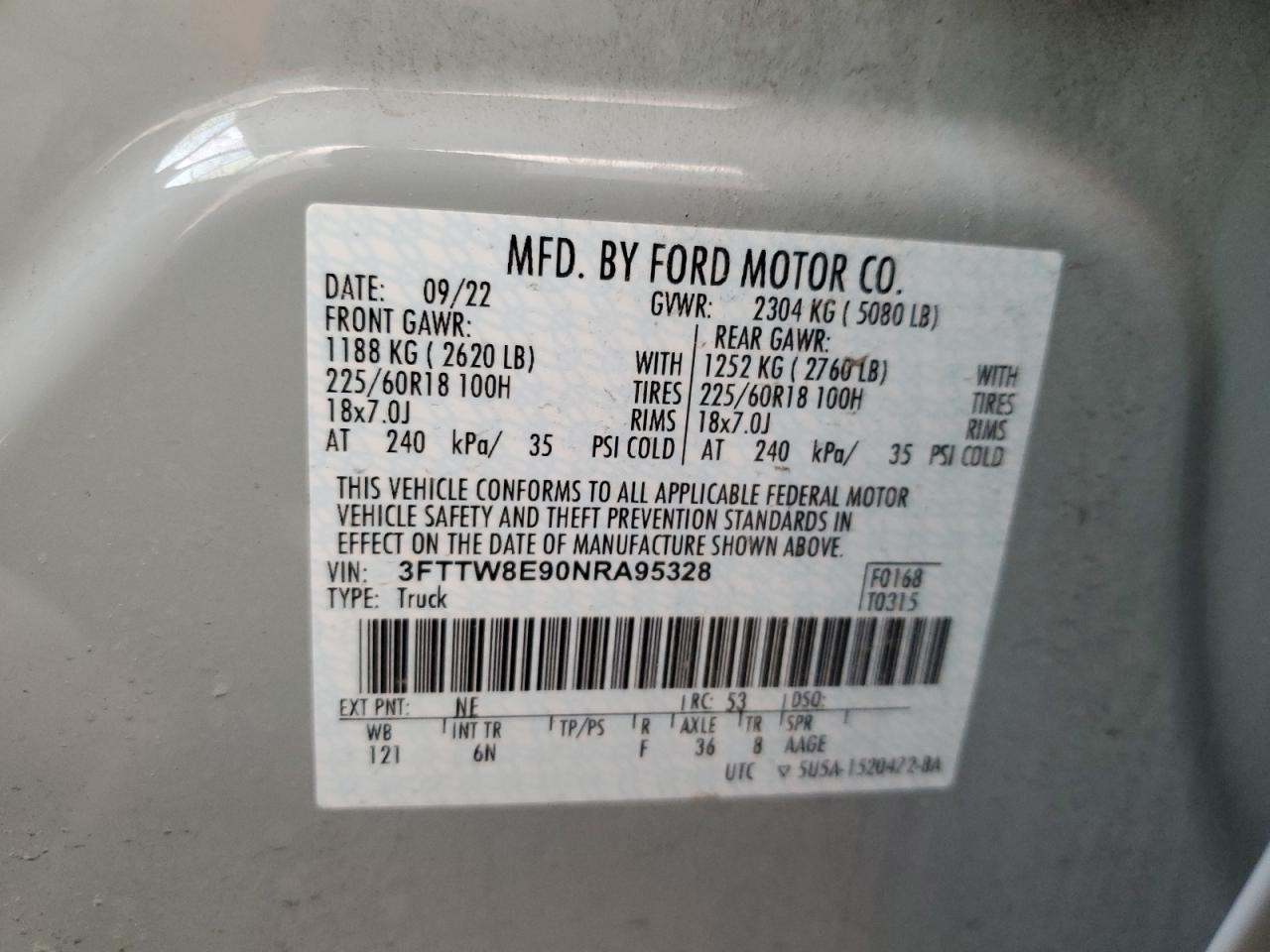 2022 FORD MAVERICK XL VIN:3FTTW8E90NRA95328