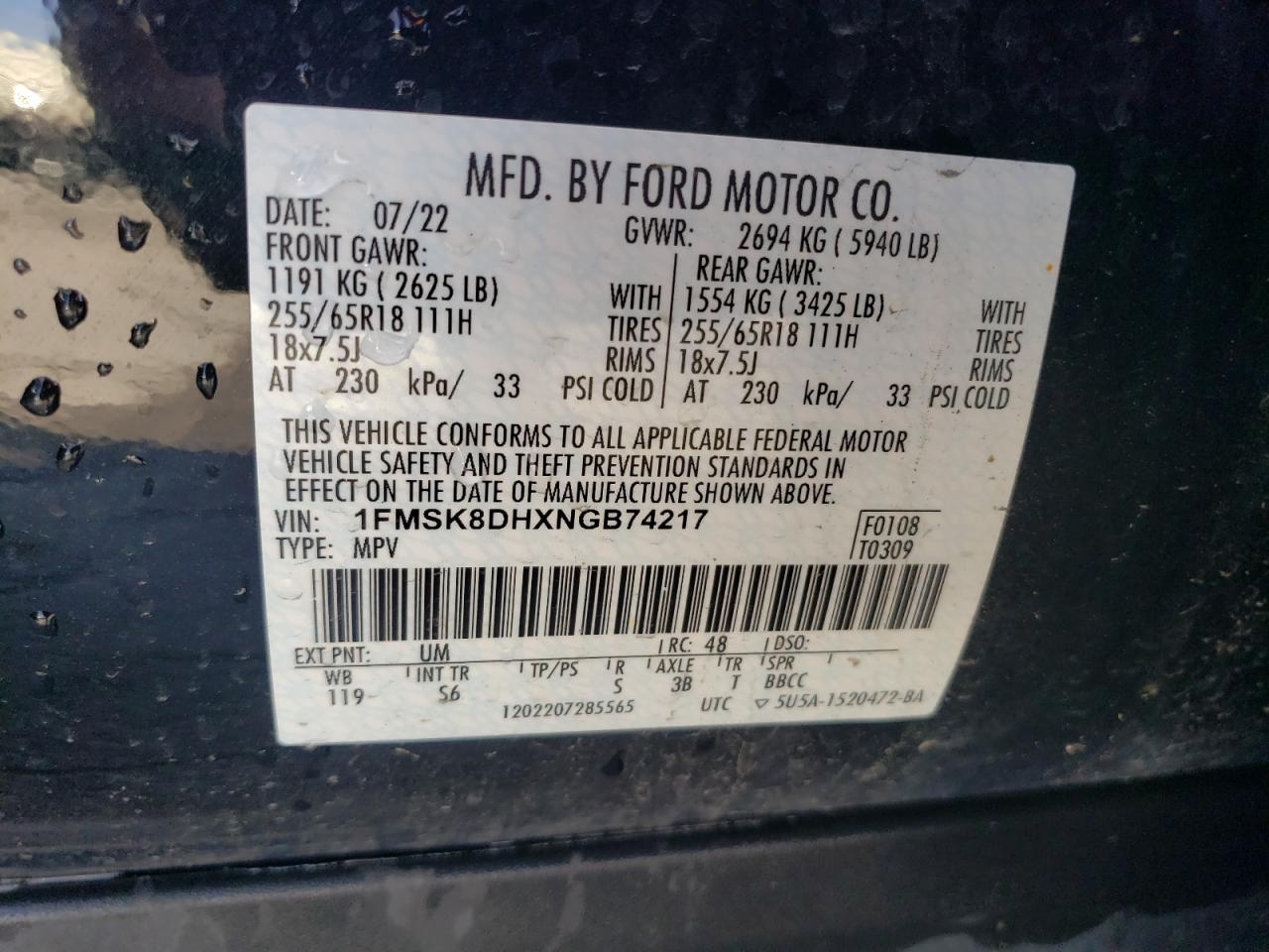 2022 FORD EXPLORER XLT VIN:1FMSK8DHXNGB74217
