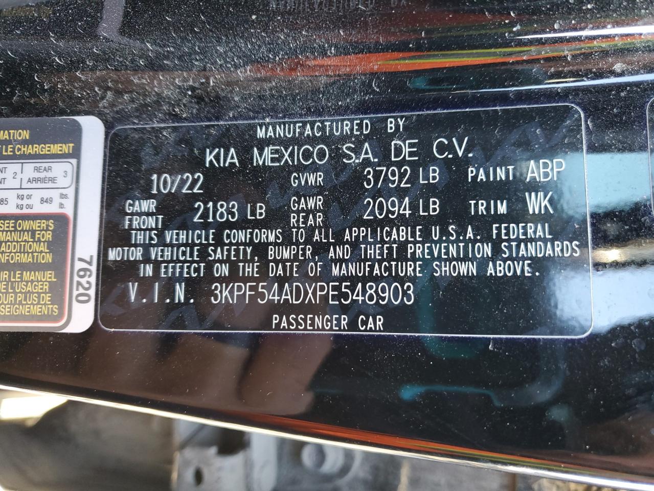 2023 KIA FORTE GT LINE VIN:3KPF54ADXPE548903