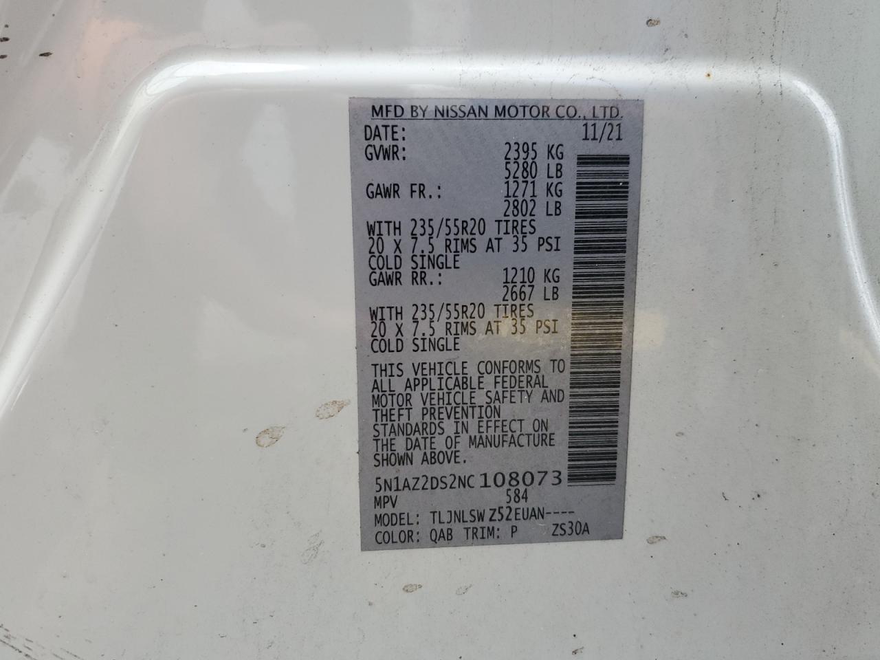 2022 NISSAN MURANO PLATINUM VIN:5N1AZ2DS2NC108073