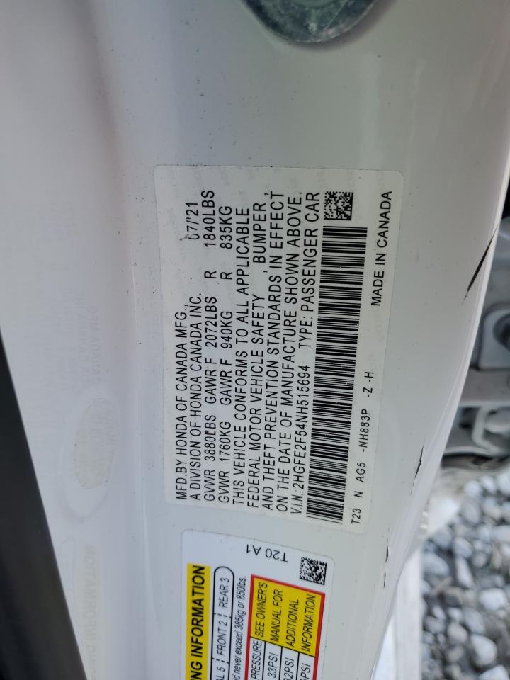 2022 HONDA CIVIC SPORT VIN:2HGFE2F54NH515694