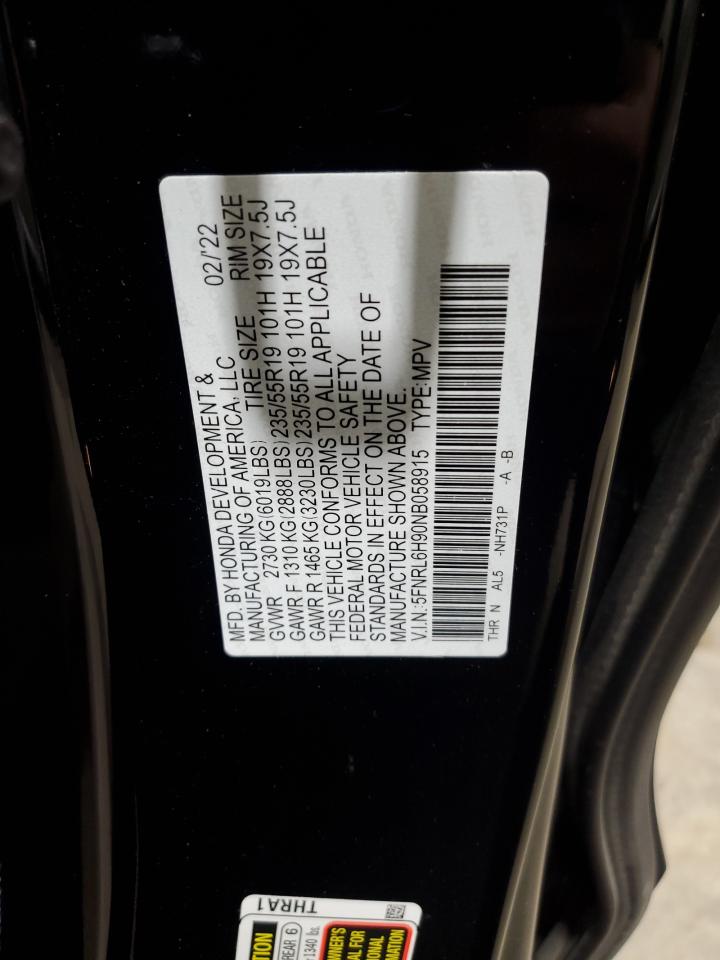 2022 HONDA ODYSSEY ELITE VIN:5FNRL6H90NB058915