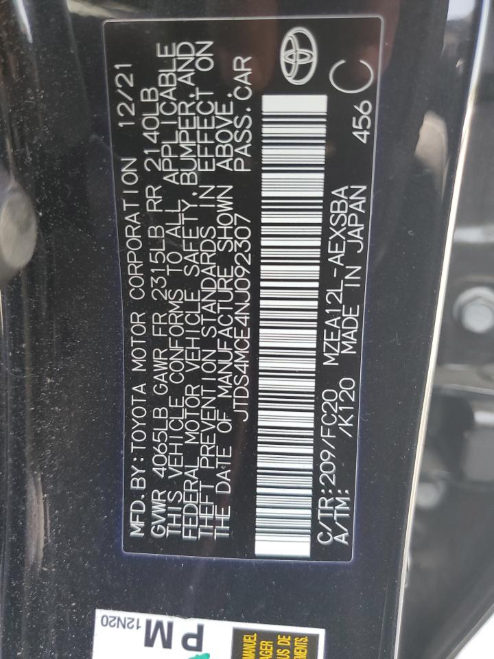 2022 TOYOTA COROLLA SE VIN:JTDS4MCE4NJ092307