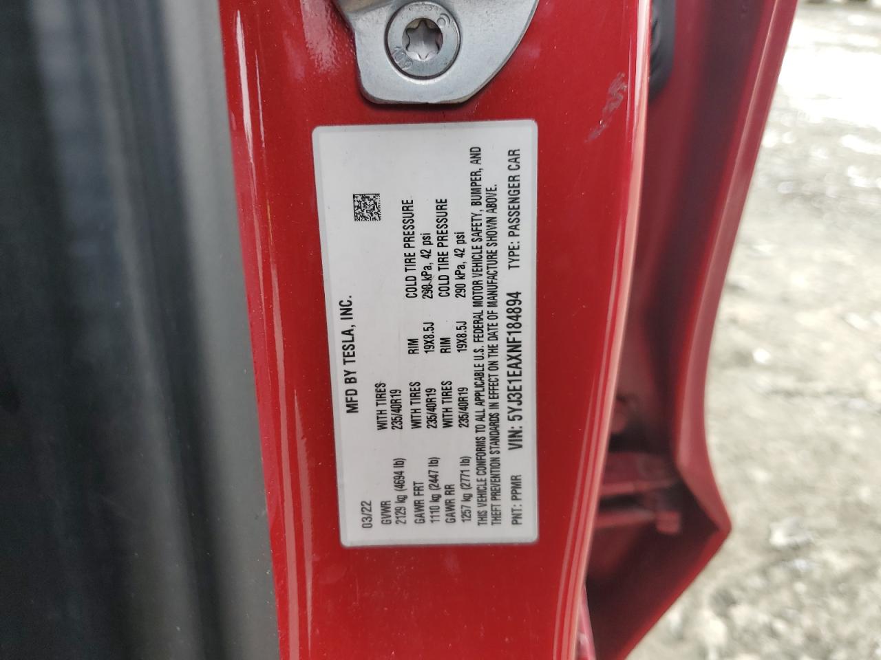 2022 TESLA MODEL 3  VIN:5YJ3E1EAXNF184894