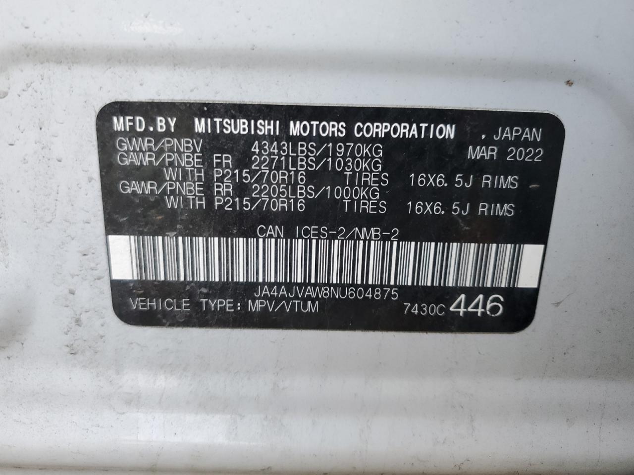 2022 MITSUBISHI RVR SE VIN:JA4AJVAW8NU604875