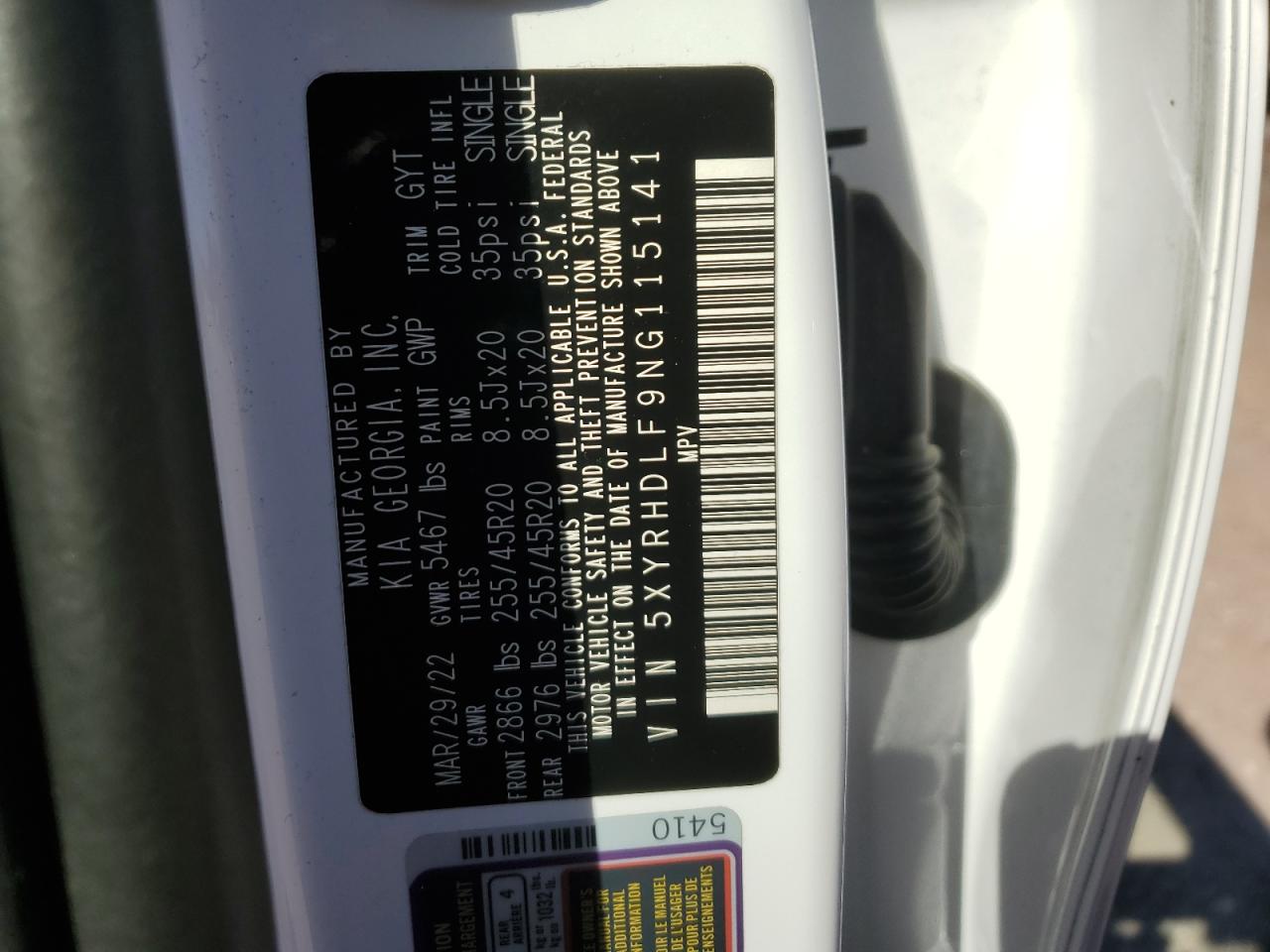 2022 KIA SORENTO EX VIN:5XYRHDLF9NG115141