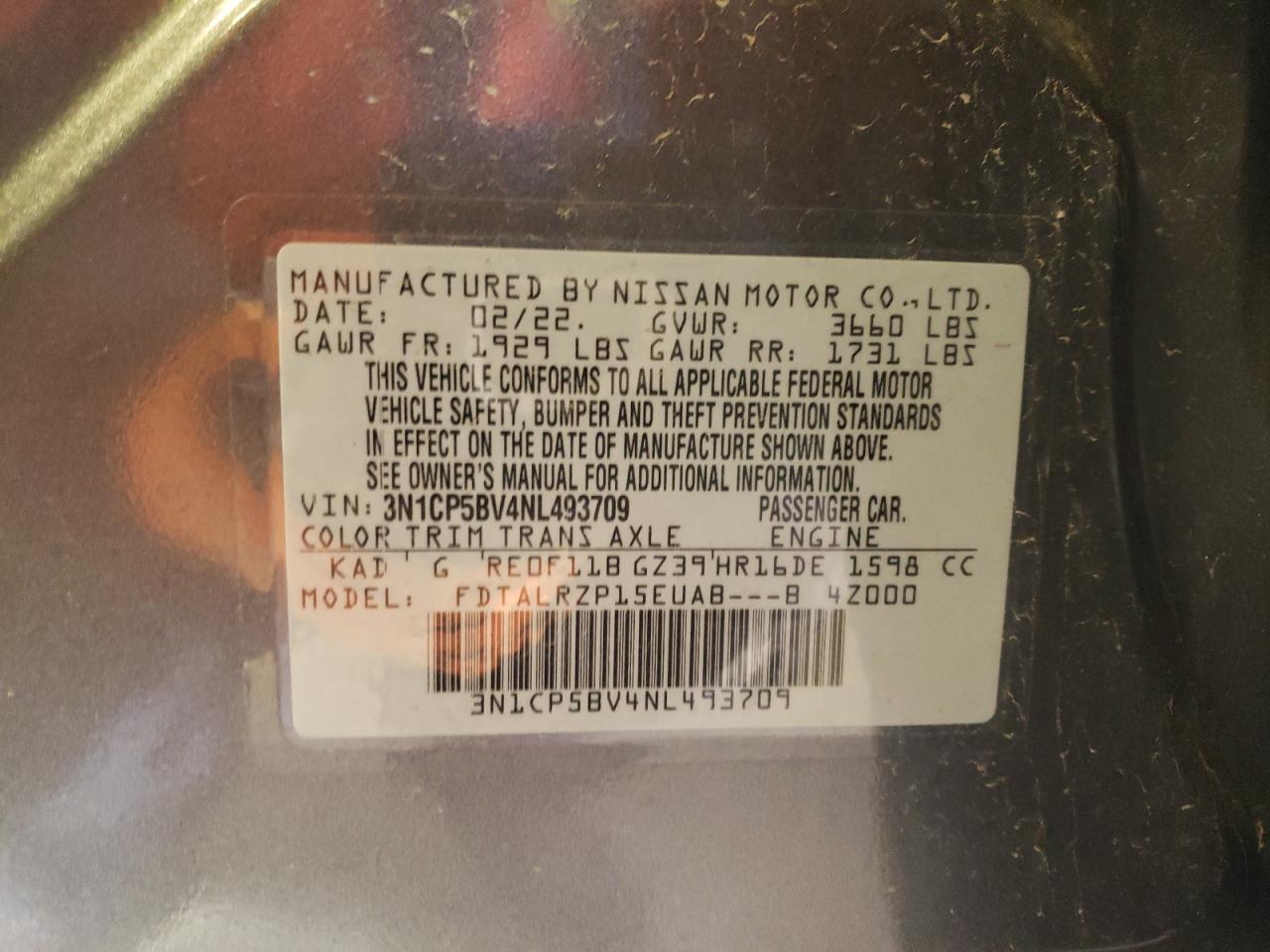 2022 NISSAN KICKS S VIN:3N1CP5BV4NL493709