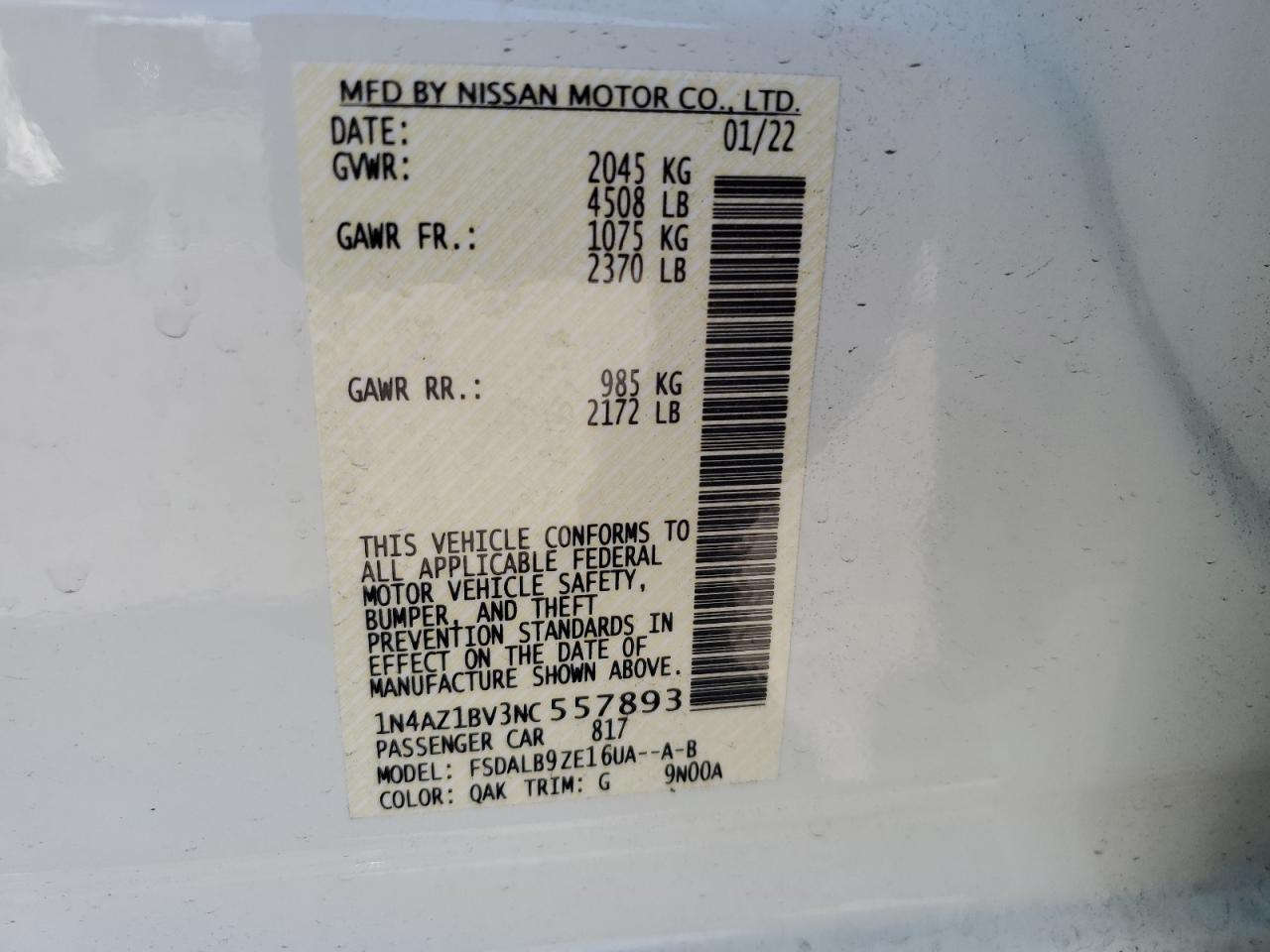 2022 NISSAN LEAF S VIN:WP0AA2A8XNS255297