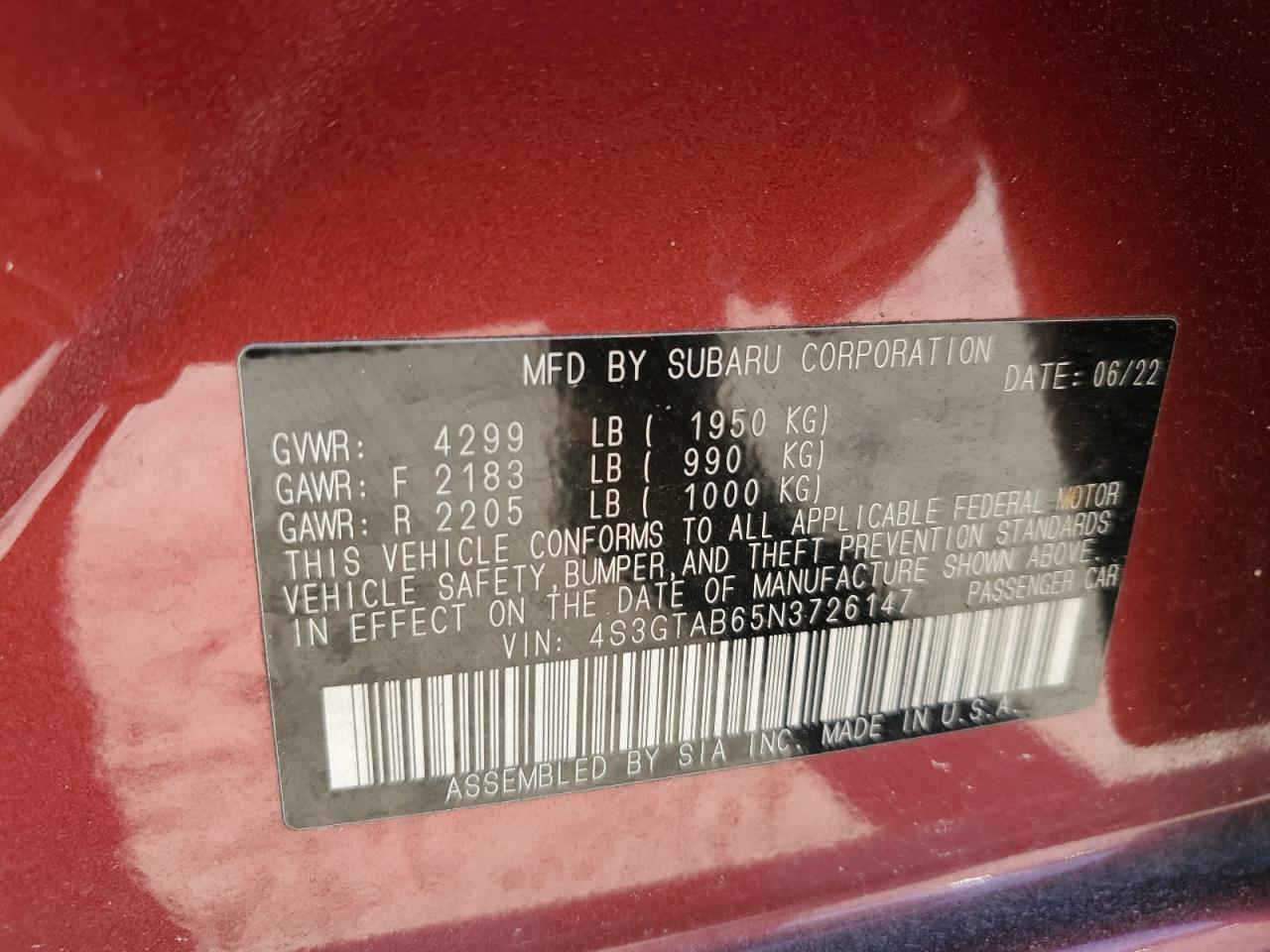 2022 SUBARU IMPREZA  VIN:4S3GTAB65N3726147