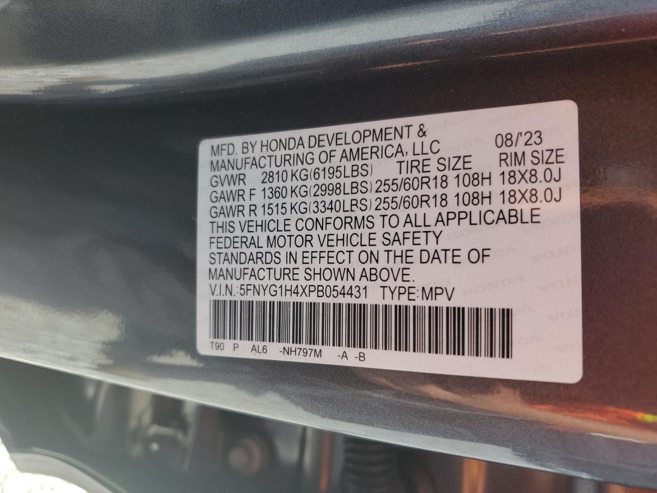 2023 HONDA PILOT EXL VIN:5FNYG1H4XPB054431