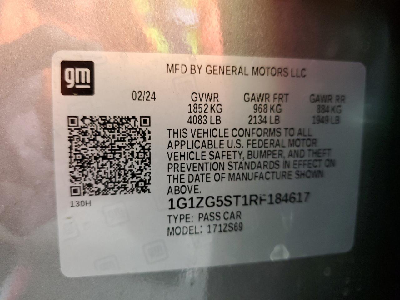 2024 CHEVROLET MALIBU RS VIN:1G1ZG5ST1RF184617