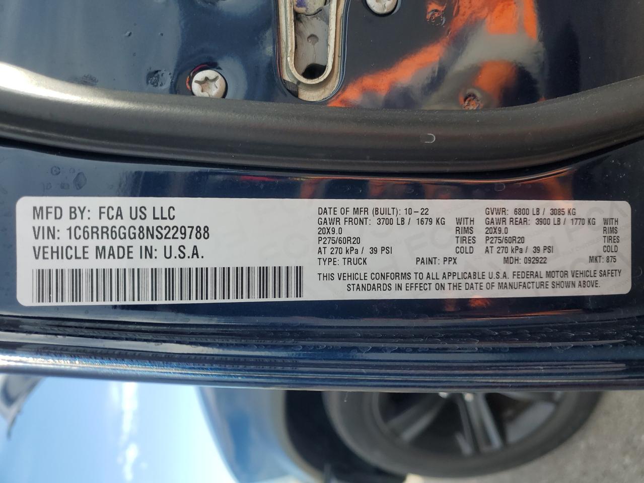 2022 RAM 1500 CLASSIC SLT VIN:1C6RR6GG8NS229788