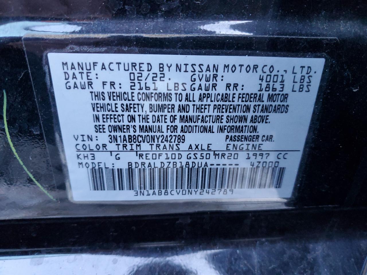 2022 NISSAN SENTRA SV VIN:3N1AB8CV0NY242789