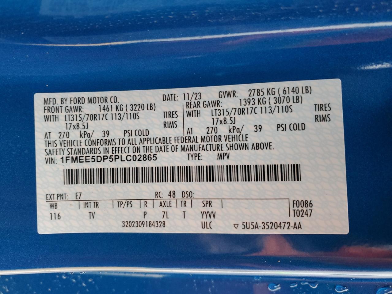 2023 FORD BRONCO BASE VIN:1FMEE5DP5PLC02865