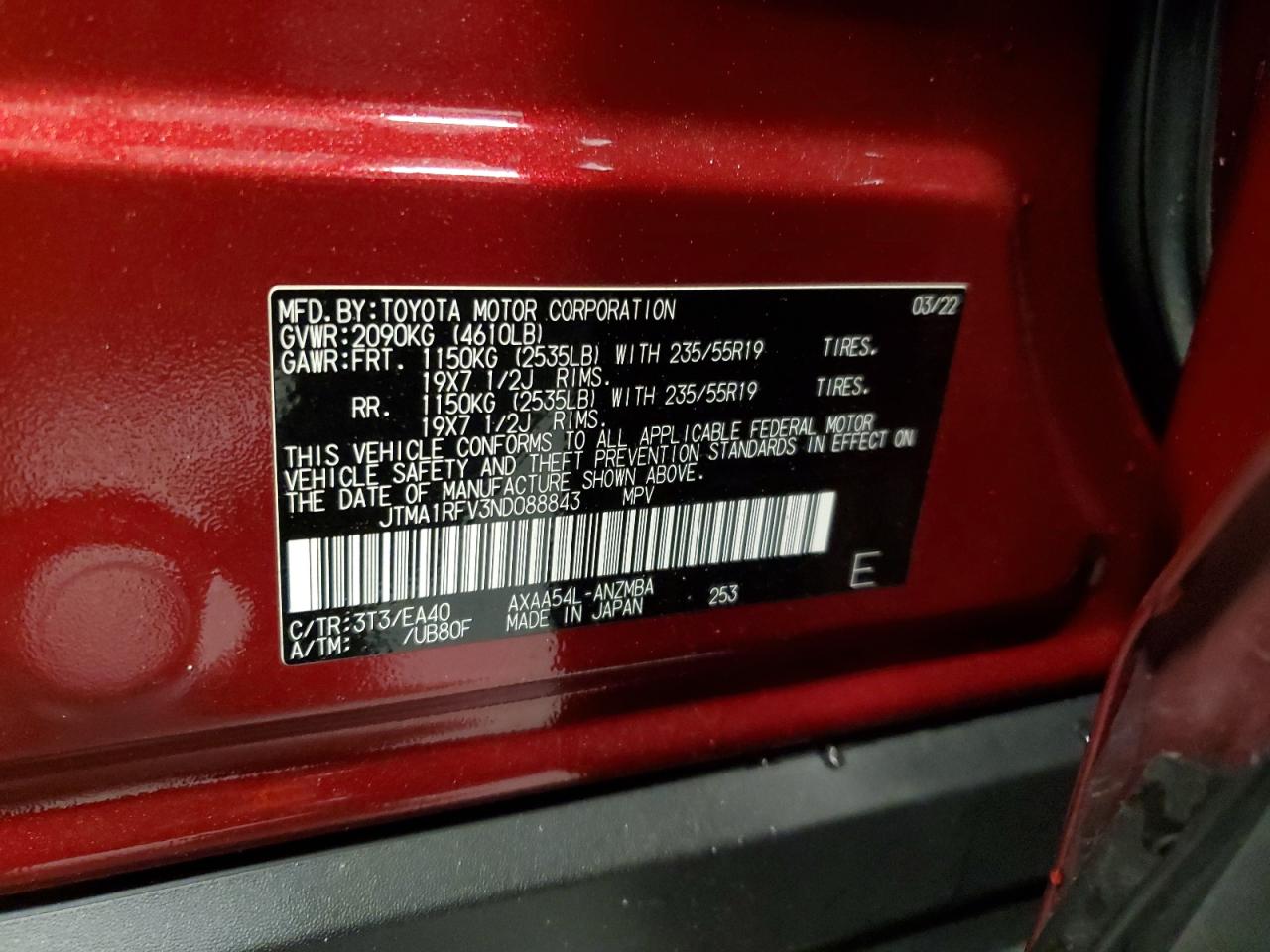 2022 TOYOTA RAV4 XLE PREMIUM VIN:JTMA1RFV3ND088843